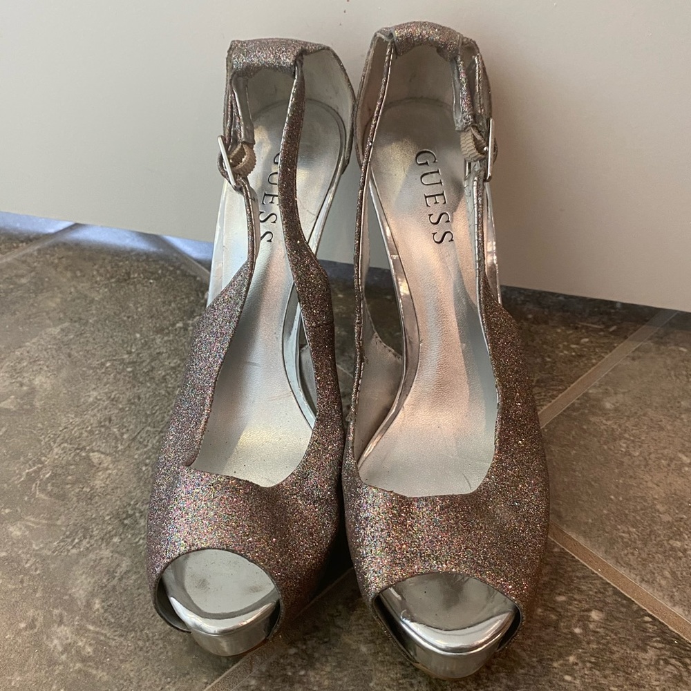 Guess silver glitter stiletto peep-toe heels